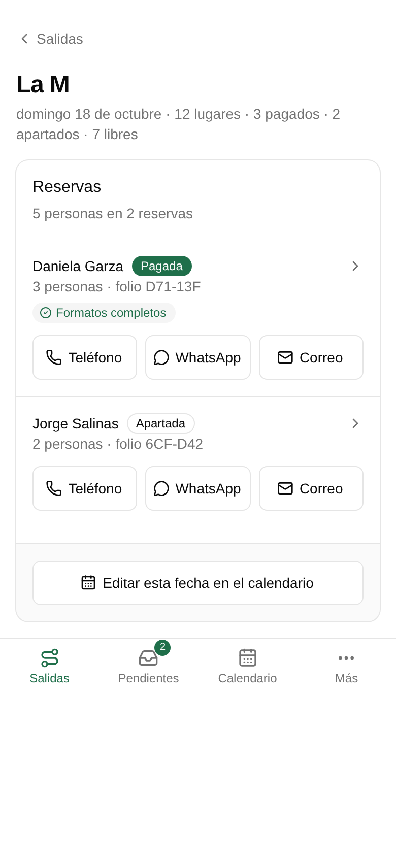 Toca la salida. Arriba ves los lugares: total, pagados, apartados y libres.