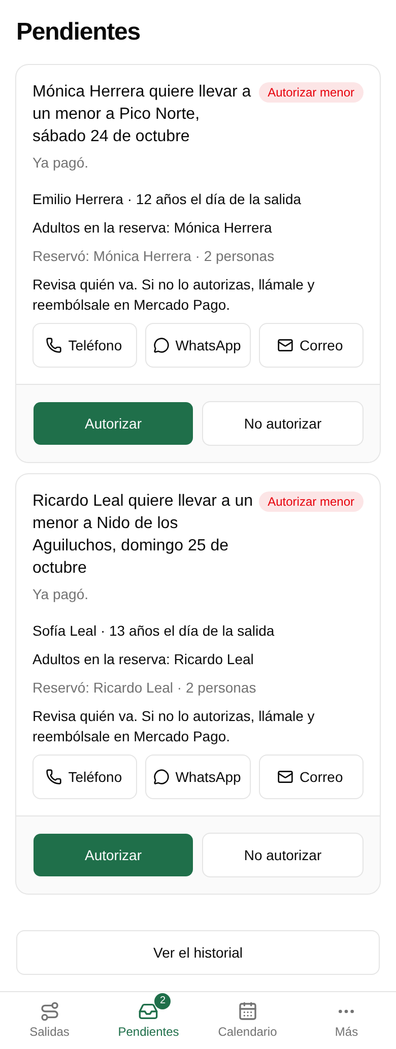 Lee la tarjeta Autorizar menor: quién reservó, ruta, fecha, el menor con su edad y los adultos.