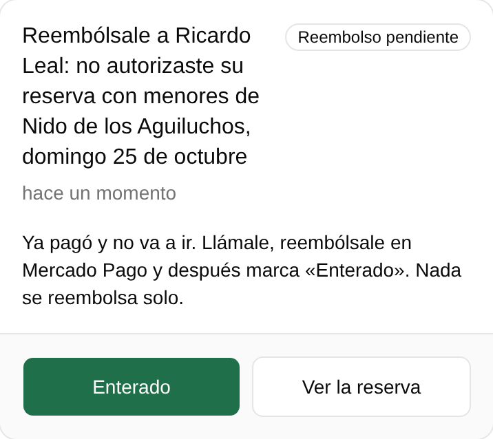 Busca la tarjeta nueva Reembólsale a …, con la etiqueta Reembolso pendiente.