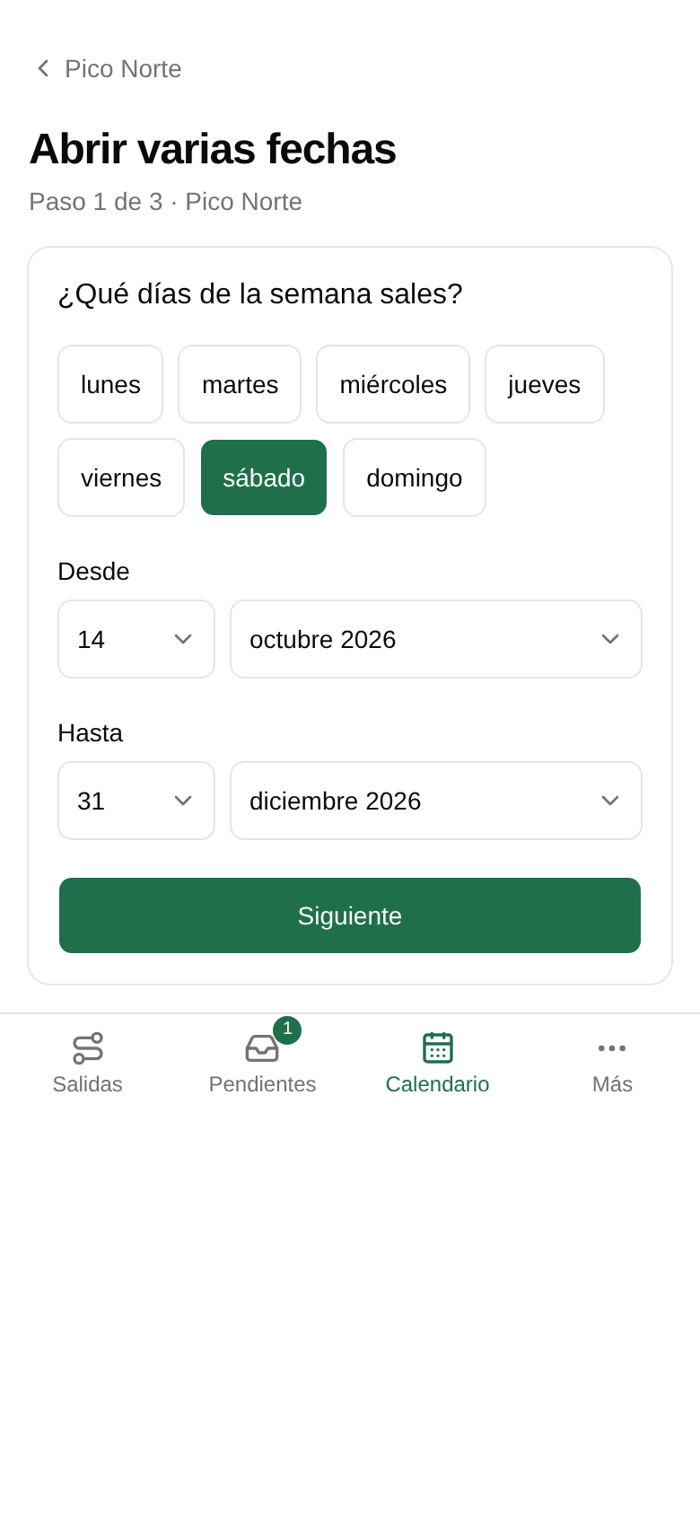 Toca los días de la semana en que sale la ruta, por ejemplo sábado.