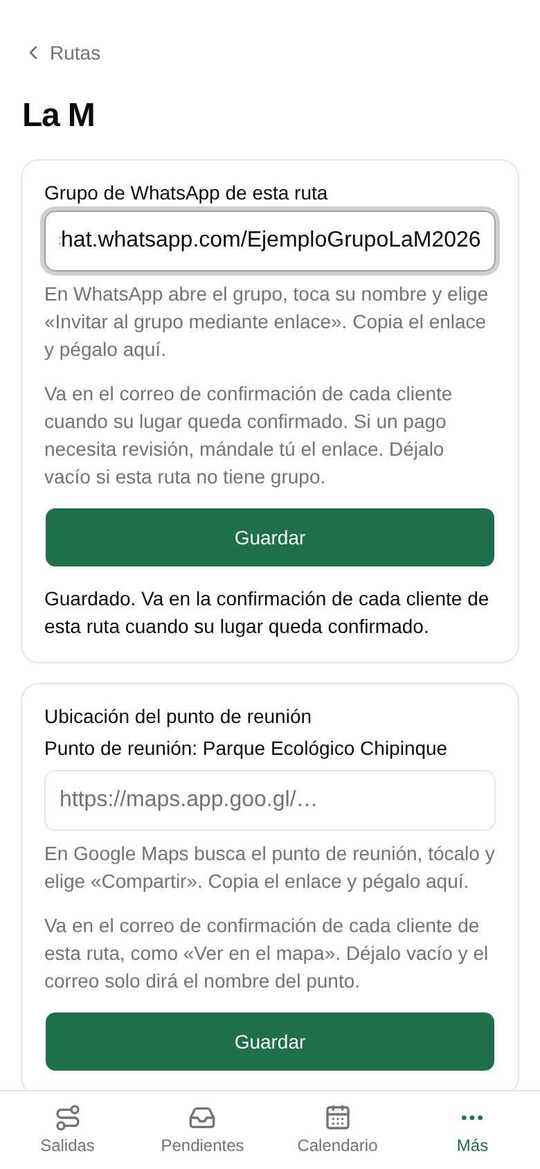 Pega el enlace en Grupo de WhatsApp de esta ruta y toca Guardar.