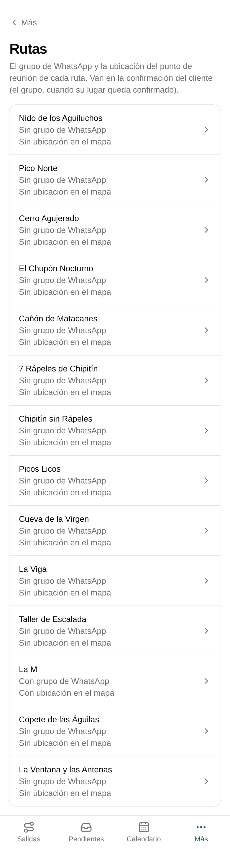 En Rutas, revisa que la ruta diga Con grupo de WhatsApp y Con ubicación en el mapa.